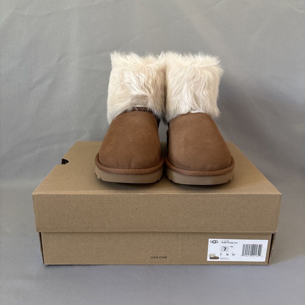 UGG Chestnut Suede Ankle Booties with Ivory Fur Cuff - Picture 4 of 12